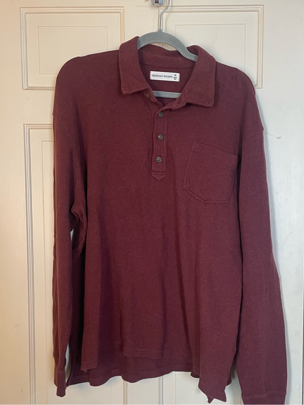Mutual Weave XXL Shirt Polo Burgundy Red Waffle  Knit Pocket Long Sleeve